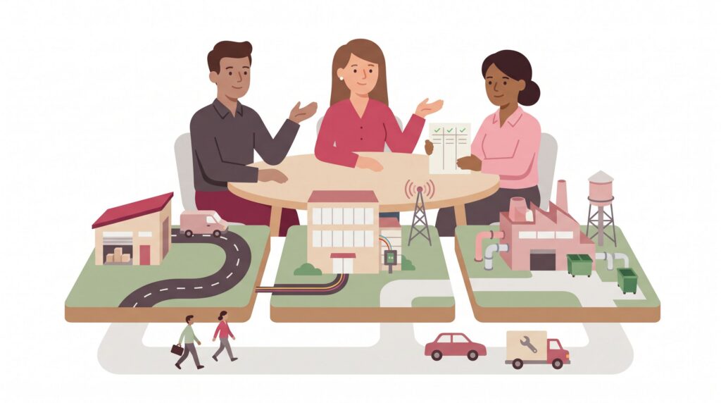Drei Personen vergleichen an einem Tisch drei Miniatur-Unternehmensstandorte mit Verkehrsanbindung, digitaler Infrastruktur und Versorgung.