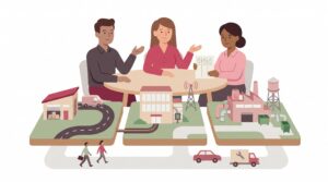 Drei Personen vergleichen an einem Tisch drei Miniatur-Unternehmensstandorte mit Verkehrsanbindung, digitaler Infrastruktur und Versorgung.