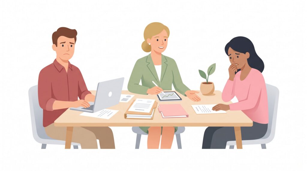 Illustration einer Beratungssituation mit selbstständigem Consultant, Kundin und Versicherungsberaterin zu Vermögensschadenhaftpflicht