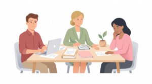 Illustration einer Beratungssituation mit selbstständigem Consultant, Kundin und Versicherungsberaterin zu Vermögensschadenhaftpflicht