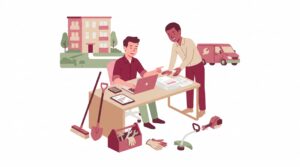 Semi-flache Illustration eines Hausmeisterservice-Gründers am Schreibtisch mit Businessplan, Werkzeugen, Berater, Wohngebäude und Servicefahrzeug im Hintergrund.