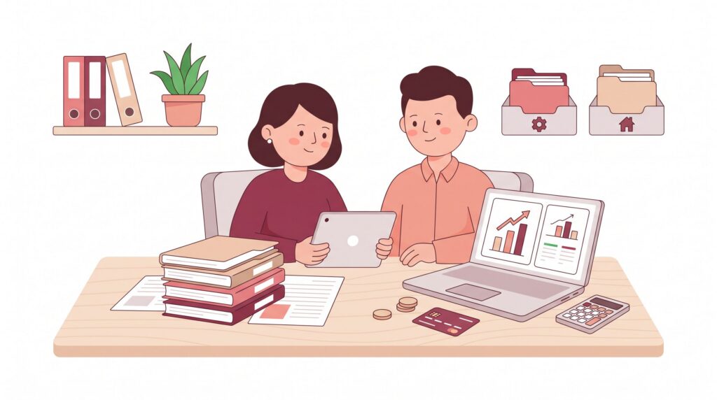 Illustration eines kleinen Büros, in dem zwei Personen Unternehmensunterlagen prüfen, während ein Laptop Investmentdiagramme zeigt.