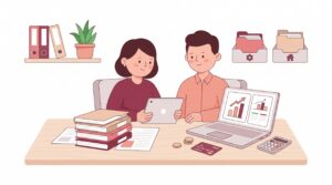 Illustration eines kleinen Büros, in dem zwei Personen Unternehmensunterlagen prüfen, während ein Laptop Investmentdiagramme zeigt.