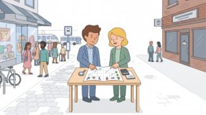Zwei Geschäftspartner vergleichen zwei Ladenstandorte in einer Stadtstraße anhand einer Checkliste und Bewertungsmatrix.