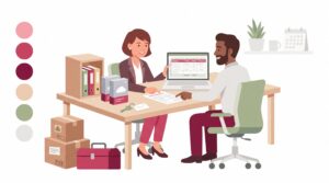 Illustration eines Gründers und einer Finanzberaterin beim Prüfen eines Investitionsplans am Schreibtisch mit typischen einmaligen Anschaffungen und Startkosten.