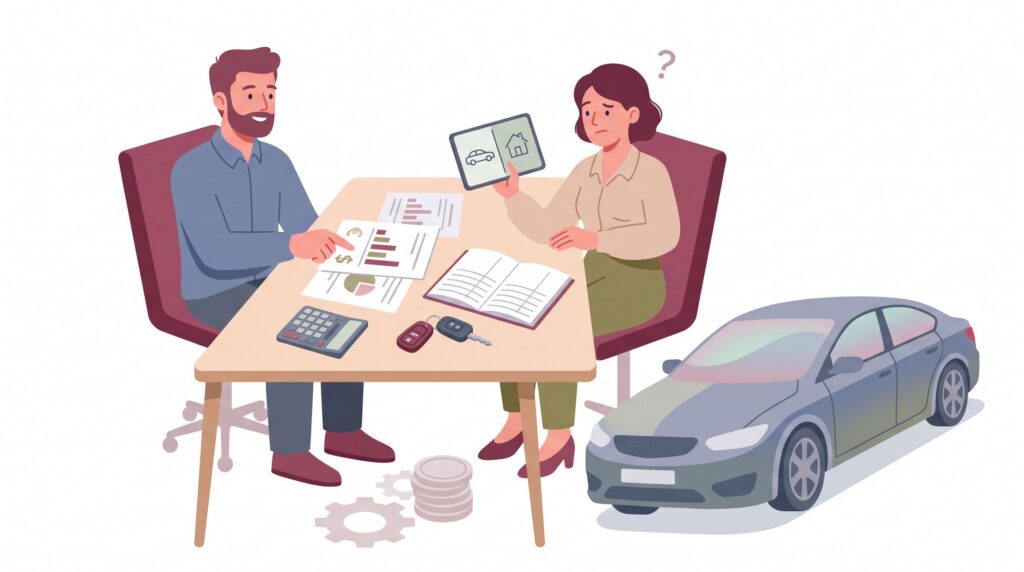 Illustration zum gewerblichen KFZ-Leasing mit zwei Geschäftsleuten am Tisch, Finanzunterlagen, Autoschlüsseln, Rechner und Firmenwagen im Hintergrund