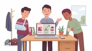 Illustration einer betrieblichen Unfallversicherung in einem kleinen Büro mit Geschäftsführer und zwei Mitarbeitern