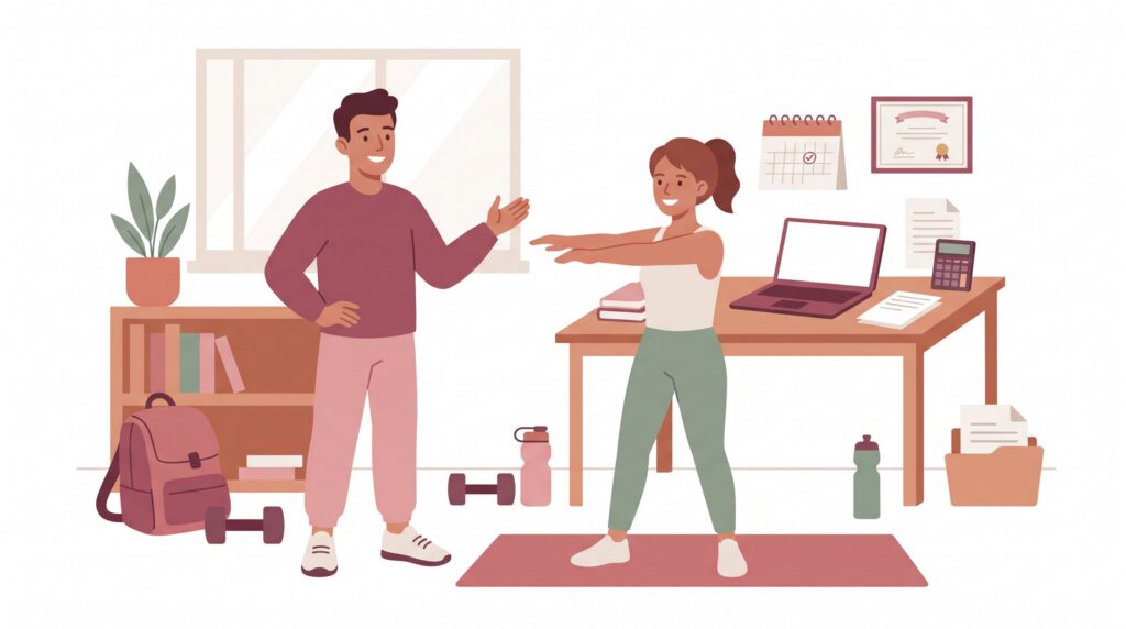 Illustration eines selbstständigen Fitnesstrainers in einem Home-Office- und Trainingsumfeld mit Kunde, Laptop, Unterlagen und Fitnesszubehör