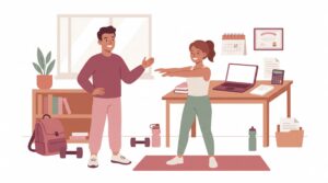 Illustration eines selbstständigen Fitnesstrainers in einem Home-Office- und Trainingsumfeld mit Kunde, Laptop, Unterlagen und Fitnesszubehör