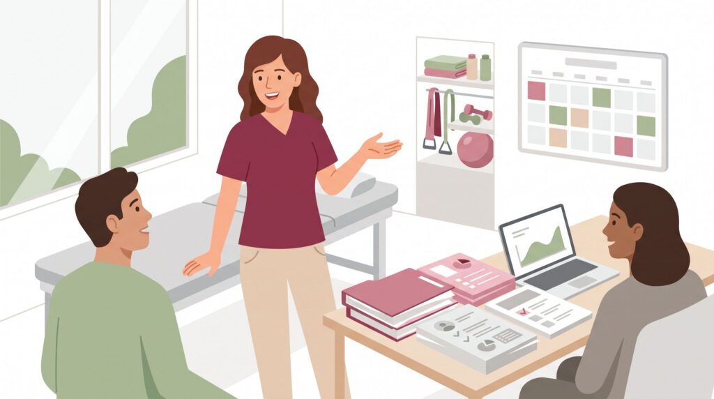 Illustration einer selbstständigen Physiotherapeutin in einer hellen Praxis bei der Planung von Praxisgründung, Zulassung und Organisation