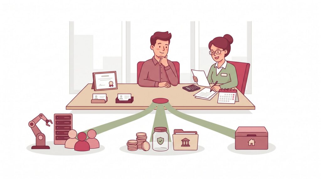 Illustration eines Unternehmers mit Beraterin am Schreibtisch, der zwischen Reinvestition, Liquiditätsreserve im Unternehmen und privater Entnahme entscheidet.