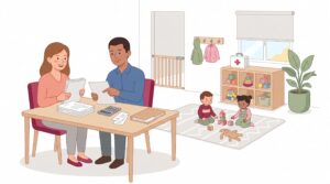 Freundliche Tagesmutter bespricht Unterlagen mit einer beratenden Person am Tisch, während zwei Kinder in einem sicheren Wohnraum spielen.