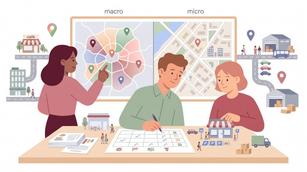 Illustration eines Gründerteams bei der Standortanalyse für einen Businessplan mit Karten, Vergleichsmatrix und drei Standortoptionen