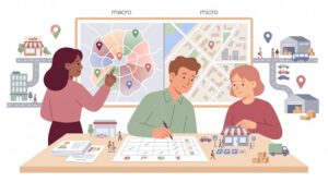 Illustration eines Gründerteams bei der Standortanalyse für einen Businessplan mit Karten, Vergleichsmatrix und drei Standortoptionen