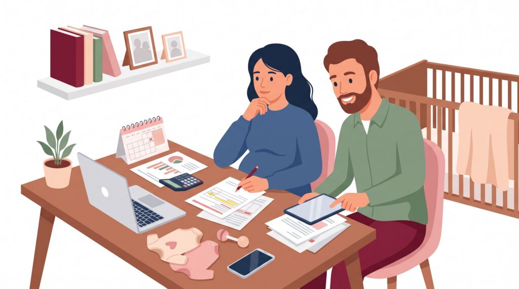 Illustration einer schwangeren Selbstständigen im Homeoffice mit Partner bei der Planung von Mutterschutz, Finanzen und Babypause.