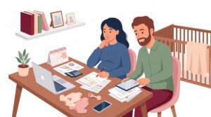 Illustration einer schwangeren Selbstständigen im Homeoffice mit Partner bei der Planung von Mutterschutz, Finanzen und Babypause.