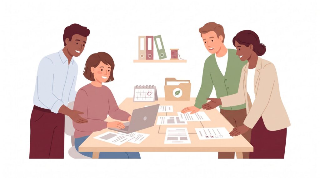 Freundliche Illustration einer Gründungsberatung mit angehender Gründerin am Laptop und drei beratenden Personen an einem Tisch mit Unterlagen.