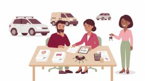 Illustration zur gewerblichen Kfz-Versicherung mit Selbstständigem, Beraterin, Firmenwagen, Lieferwagen und Mitarbeiterin mit Autoschlüsseln