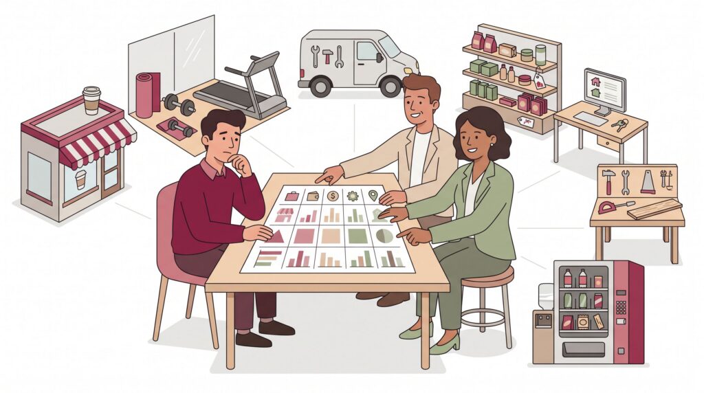 Illustration eines Gründers, der mit Beratern verschiedene Franchise-Konzepte in Deutschland anhand einer Vergleichsmatrix prüft