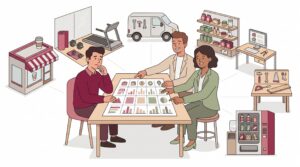 Illustration eines Gründers, der mit Beratern verschiedene Franchise-Konzepte in Deutschland anhand einer Vergleichsmatrix prüft