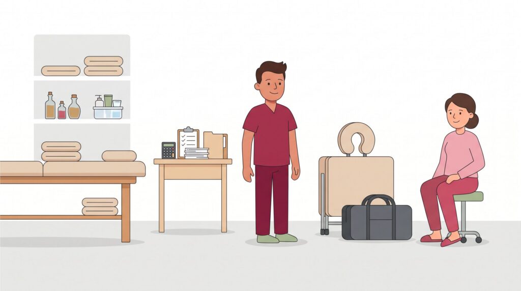 Illustration eines selbstständigen Masseurs in einem minimalistischen Studio mit Massagebank, Unterlagen zur Gründung und mobiler Massageliege