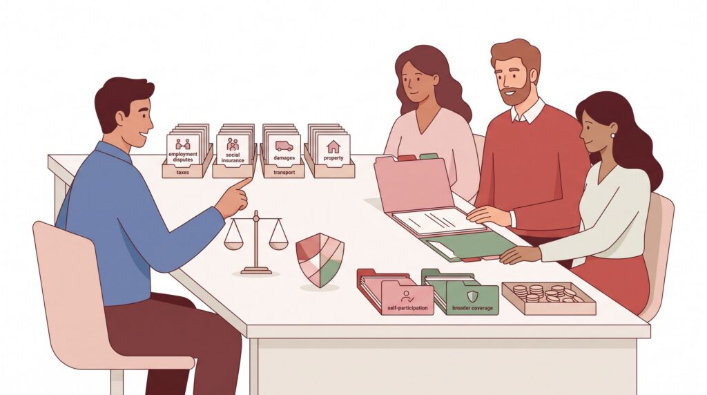 Illustration einer Beratung zur Firmen Rechtsschutzversicherung mit Selbstständigen, Geschäftsführer und KMU am Tisch
