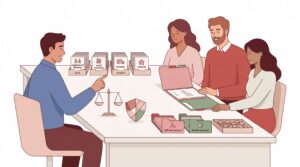 Illustration einer Beratung zur Firmen Rechtsschutzversicherung mit Selbstständigen, Geschäftsführer und KMU am Tisch