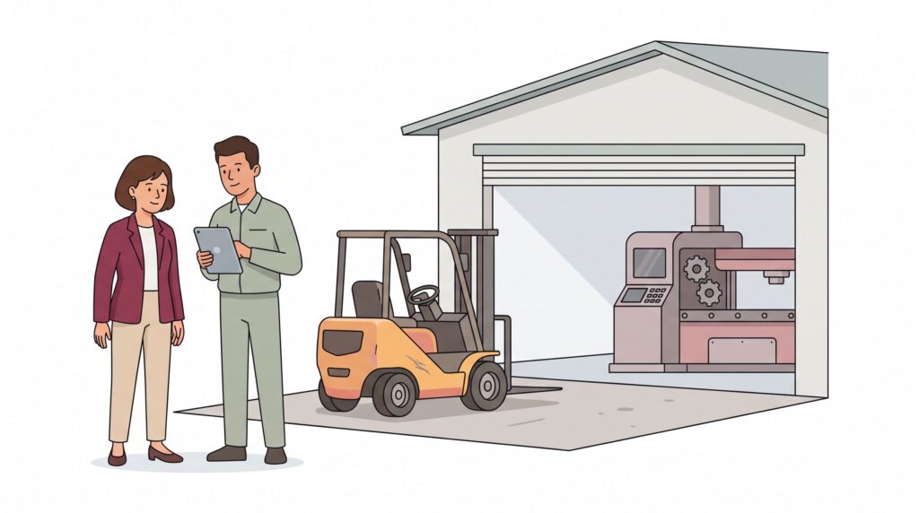 Illustration zur Maschinenversicherung mit Unternehmerin, Techniker, Gabelstapler und stationärer Produktionsmaschine in einer Werkstatt-Hof-Szene