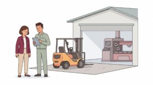Illustration zur Maschinenversicherung mit Unternehmerin, Techniker, Gabelstapler und stationärer Produktionsmaschine in einer Werkstatt-Hof-Szene