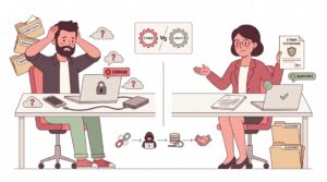 Illustration eines Freiberuflers mit Cybervorfall und einer Beraterin, die Schutz und Unterstützung bei einer Cyberversicherung erklärt
