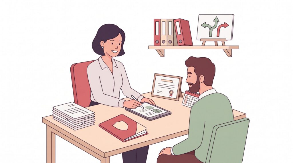 Selbstständige Finanzberaterin prüft mit einem Kunden Antragsunterlagen am Schreibtisch in einem modernen Büro; Dokumente, Versicherungsordner, Zertifikat und Planer deuten auf Erlaubnis, Sachkunde und Registerpflichten hin.