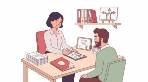 Selbstständige Finanzberaterin prüft mit einem Kunden Antragsunterlagen am Schreibtisch in einem modernen Büro; Dokumente, Versicherungsordner, Zertifikat und Planer deuten auf Erlaubnis, Sachkunde und Registerpflichten hin.