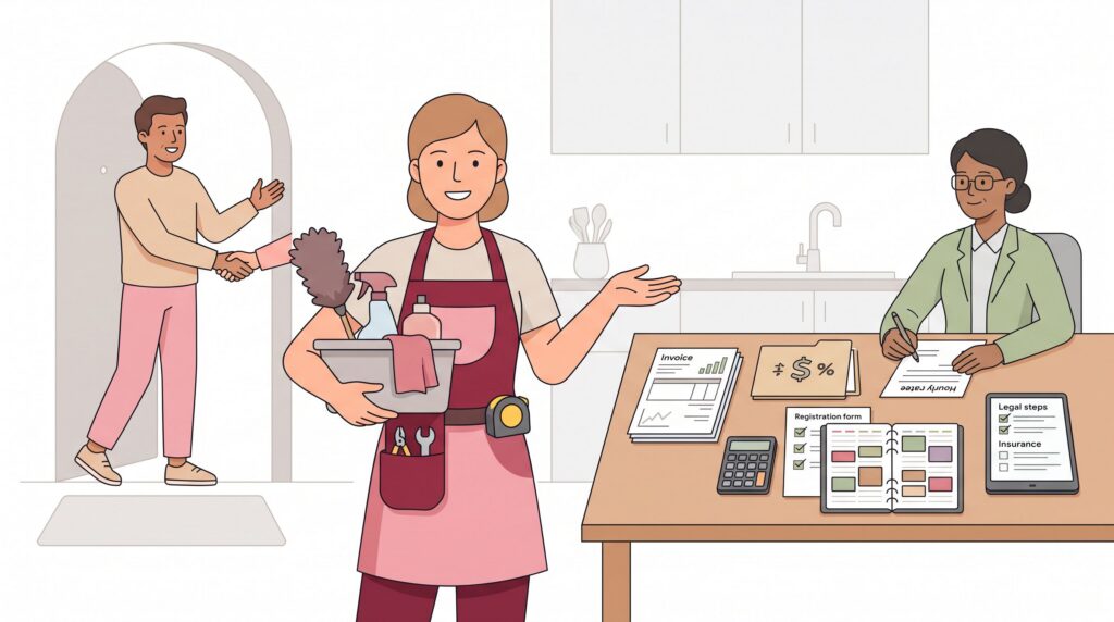 Illustration einer selbstständigen Haushaltshilfe mit Reinigungsutensilien, Unterlagen zur Anmeldung und Beratungsgespräch im Privathaushalt