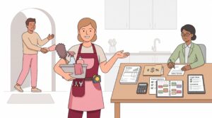 Illustration einer selbstständigen Haushaltshilfe mit Reinigungsutensilien, Unterlagen zur Anmeldung und Beratungsgespräch im Privathaushalt