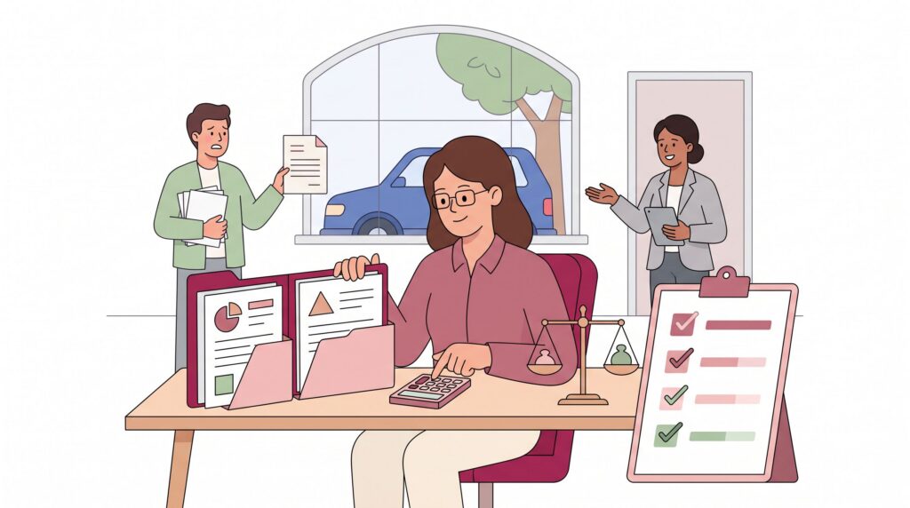 Illustration einer selbstständigen Person beim Vergleich von Rechtsschutzversicherungen mit Vertragsordnern, Rechner, Waage und Checkliste im Büro.