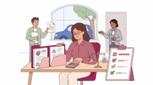 Illustration einer selbstständigen Person beim Vergleich von Rechtsschutzversicherungen mit Vertragsordnern, Rechner, Waage und Checkliste im Büro.