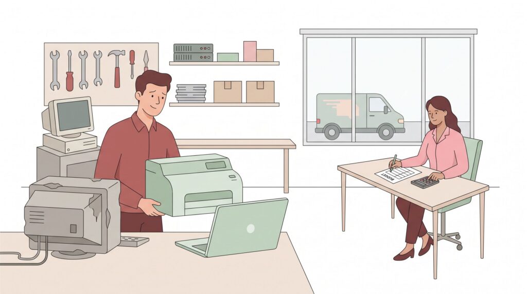 Illustration zur Ersatzinvestition mit Unternehmer beim Austausch veralteter Geräte und Kollegin bei der Budgetplanung