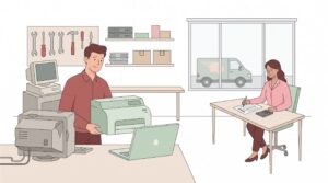 Illustration zur Ersatzinvestition mit Unternehmer beim Austausch veralteter Geräte und Kollegin bei der Budgetplanung