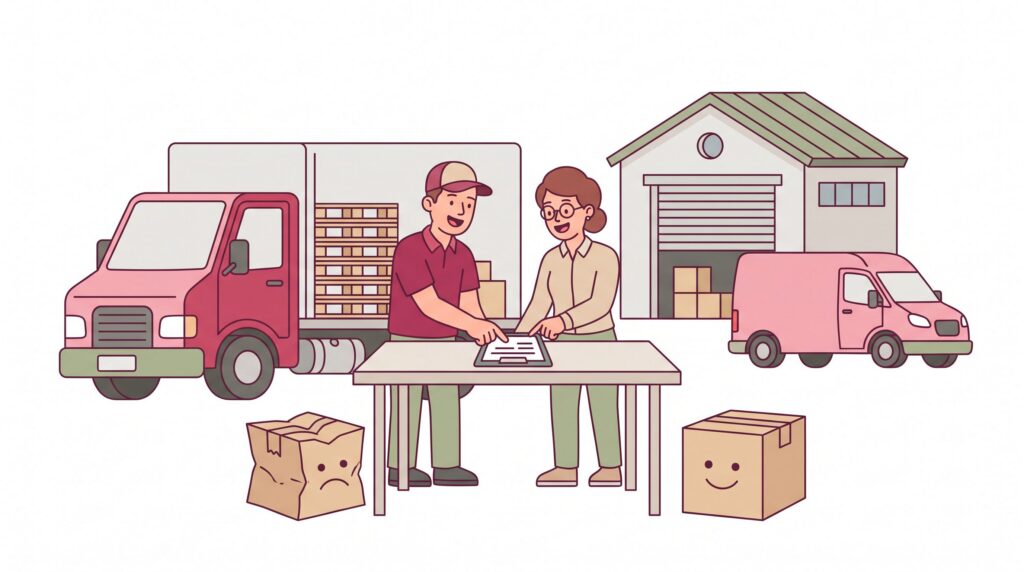 Illustration einer kleinen Transportfirma mit Fahrer und Logistikmanager neben Lkw und Lieferwagen bei der Prüfung von Transportdokumenten; ein beschädigtes und ein unbeschädigtes Paket symbolisieren Haftung und Versicherungsschutz.