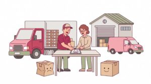 Illustration einer kleinen Transportfirma mit Fahrer und Logistikmanager neben Lkw und Lieferwagen bei der Prüfung von Transportdokumenten; ein beschädigtes und ein unbeschädigtes Paket symbolisieren Haftung und Versicherungsschutz.