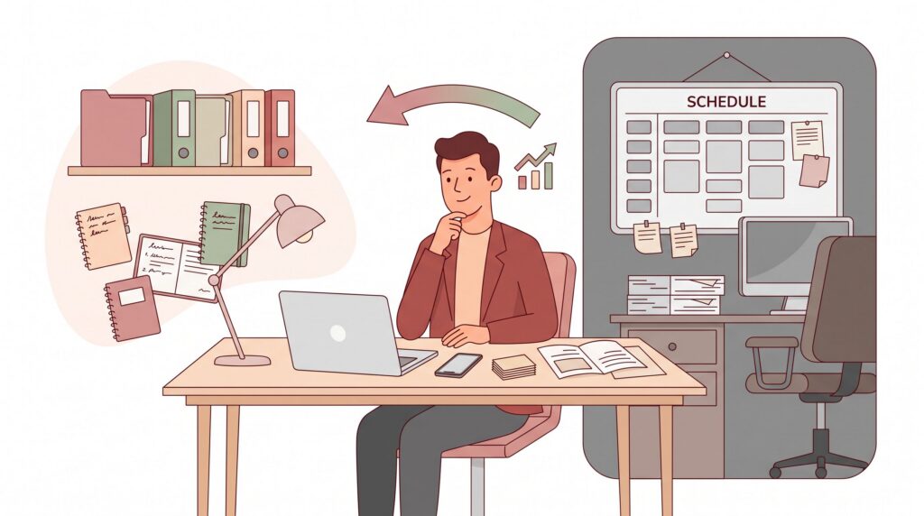 Illustration eines selbstständigen Vertrieblers im Büro, der zwischen unternehmerischer Freiheit und dem Risiko der Scheinselbstständigkeit abwägt.