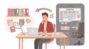 Illustration eines selbstständigen Vertrieblers im Büro, der zwischen unternehmerischer Freiheit und dem Risiko der Scheinselbstständigkeit abwägt.