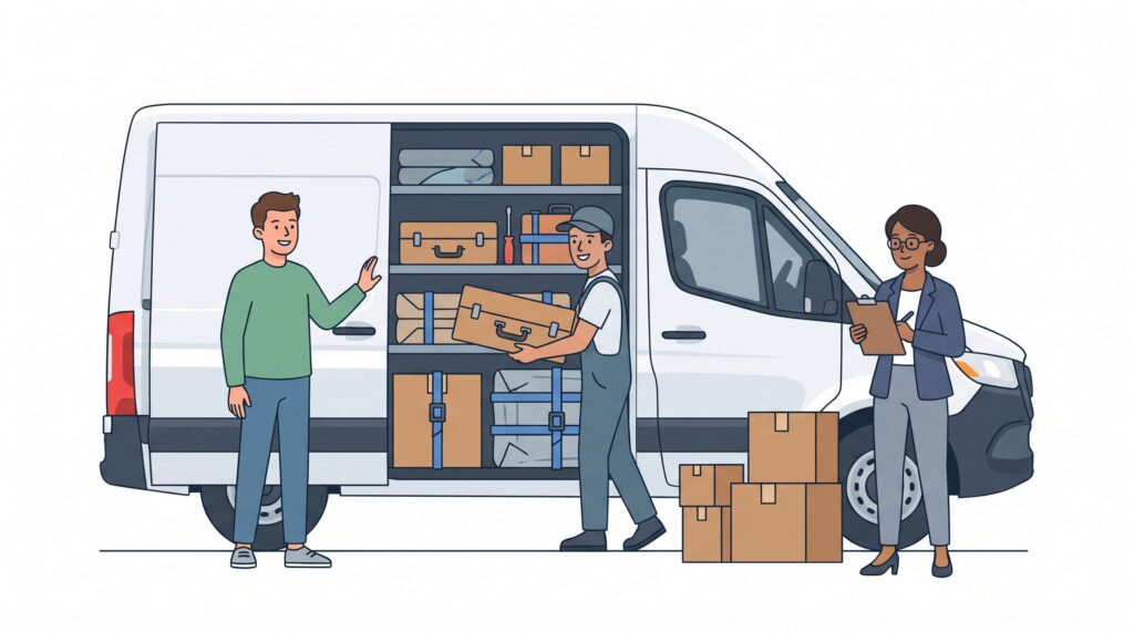 Illustration einer Werkverkehrsversicherung mit Firmenwagen, Handwerker, Unternehmer und Berater beim Sichern von Werkzeugen, Materialien und Waren im Fahrzeug
