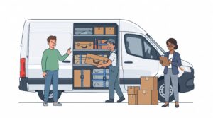 Illustration einer Werkverkehrsversicherung mit Firmenwagen, Handwerker, Unternehmer und Berater beim Sichern von Werkzeugen, Materialien und Waren im Fahrzeug