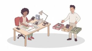 Illustration zur AfA-Tabelle mit selbstständiger Person am Schreibtisch, die Anschaffungen für die steuerliche Abschreibung vergleicht.