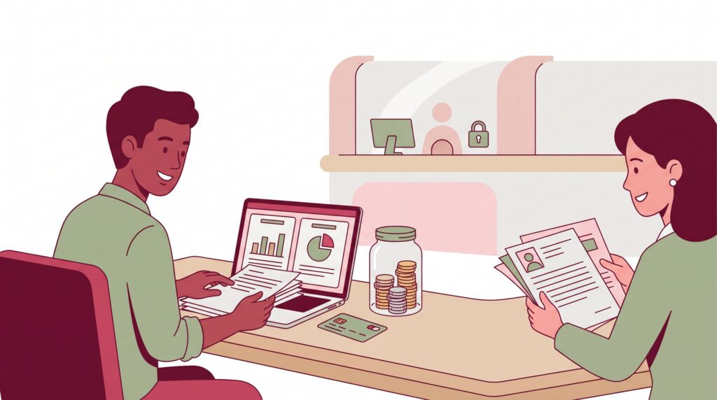 Illustration eines kleinen Unternehmensbüros mit zwei Personen, Laptop, Unterlagen, Münzglas und Bankbereich als Symbol für Firmentagesgeld, KYC und Liquiditätsreserve.