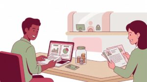 Illustration eines kleinen Unternehmensbüros mit zwei Personen, Laptop, Unterlagen, Münzglas und Bankbereich als Symbol für Firmentagesgeld, KYC und Liquiditätsreserve.