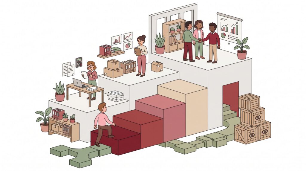 Illustration zum Firmenwachstum mit Gründer und kleinem Team auf einer Treppe aus Geschäftsbausteinen in einer Büroumgebung