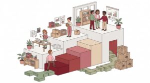 Illustration zum Firmenwachstum mit Gründer und kleinem Team auf einer Treppe aus Geschäftsbausteinen in einer Büroumgebung