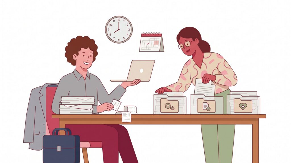 Freundliche semi-flache Illustration einer angestellten Person am Schreibtisch, die nebenberufliche Selbstständigkeit mit Unterlagen zu Arbeitgeber, Steuern und Krankenkasse organisiert.